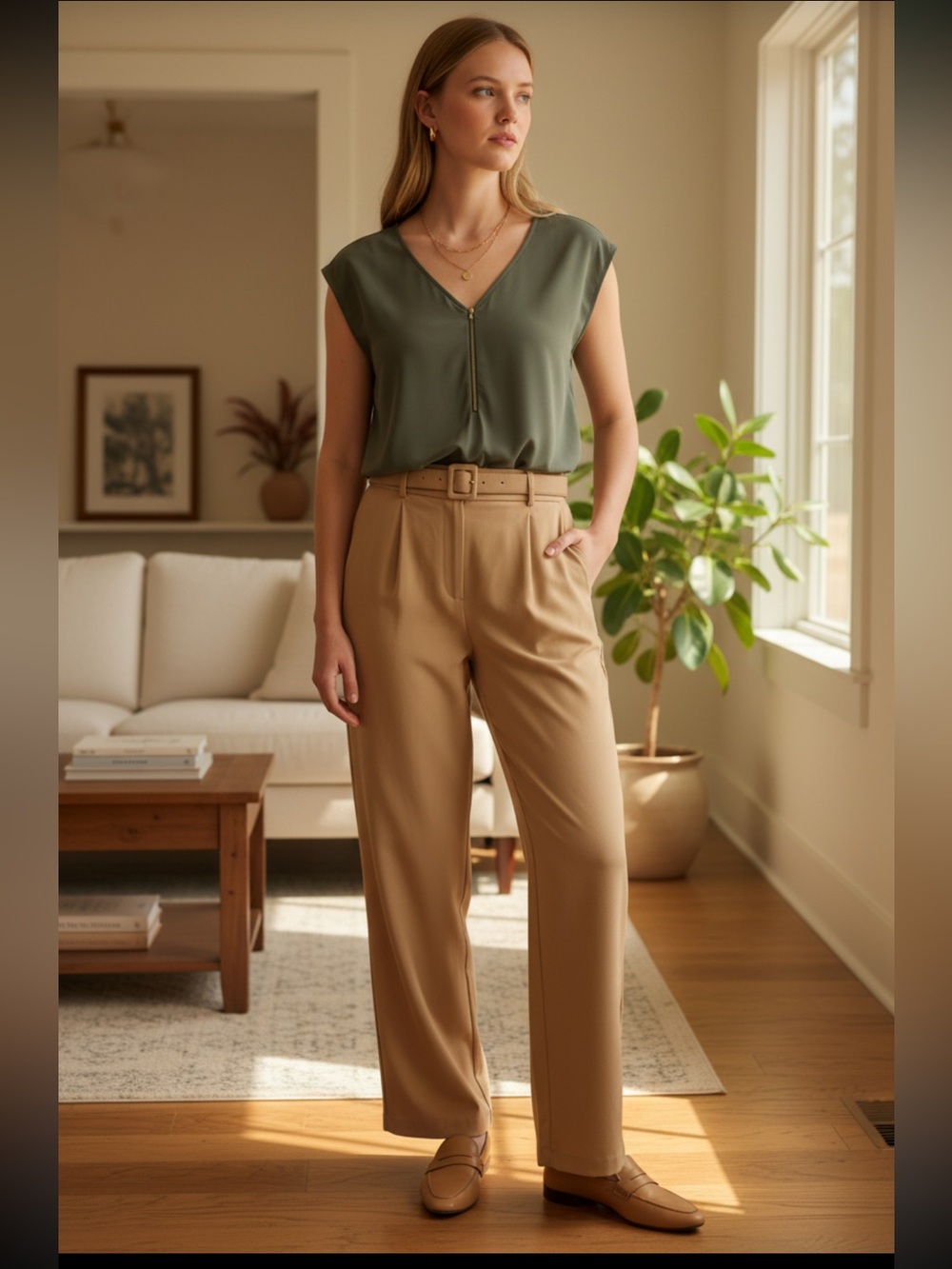 Green Envelope Olive/Army Green Sleeveless V-Neck Blouse With Zipper